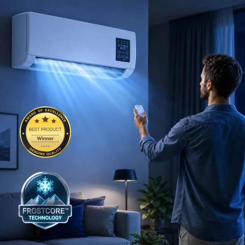 A man using the remote control to adjust the BlizzAir unit in a living room at night