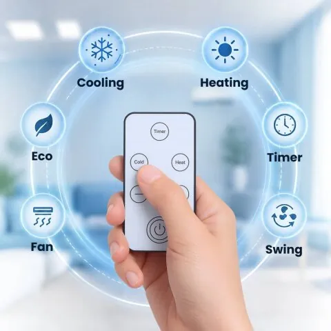 A hand holding the white BlizzAir remote control, ringed by six labelled mode icons: Cooling, Heating, Timer, Swing, Fan and Eco